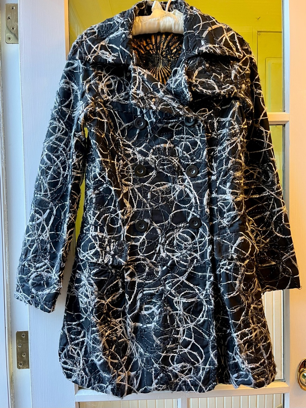 Desigual Black & White Long-Sleeve Double-Breasted Happy Coat with Yarn Circles